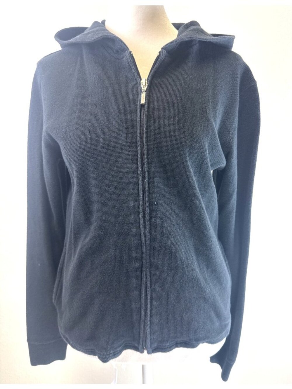 Ann Taylor Black Hooded Full-Zip Sweater Jacket Pockets Waffle Knit Small